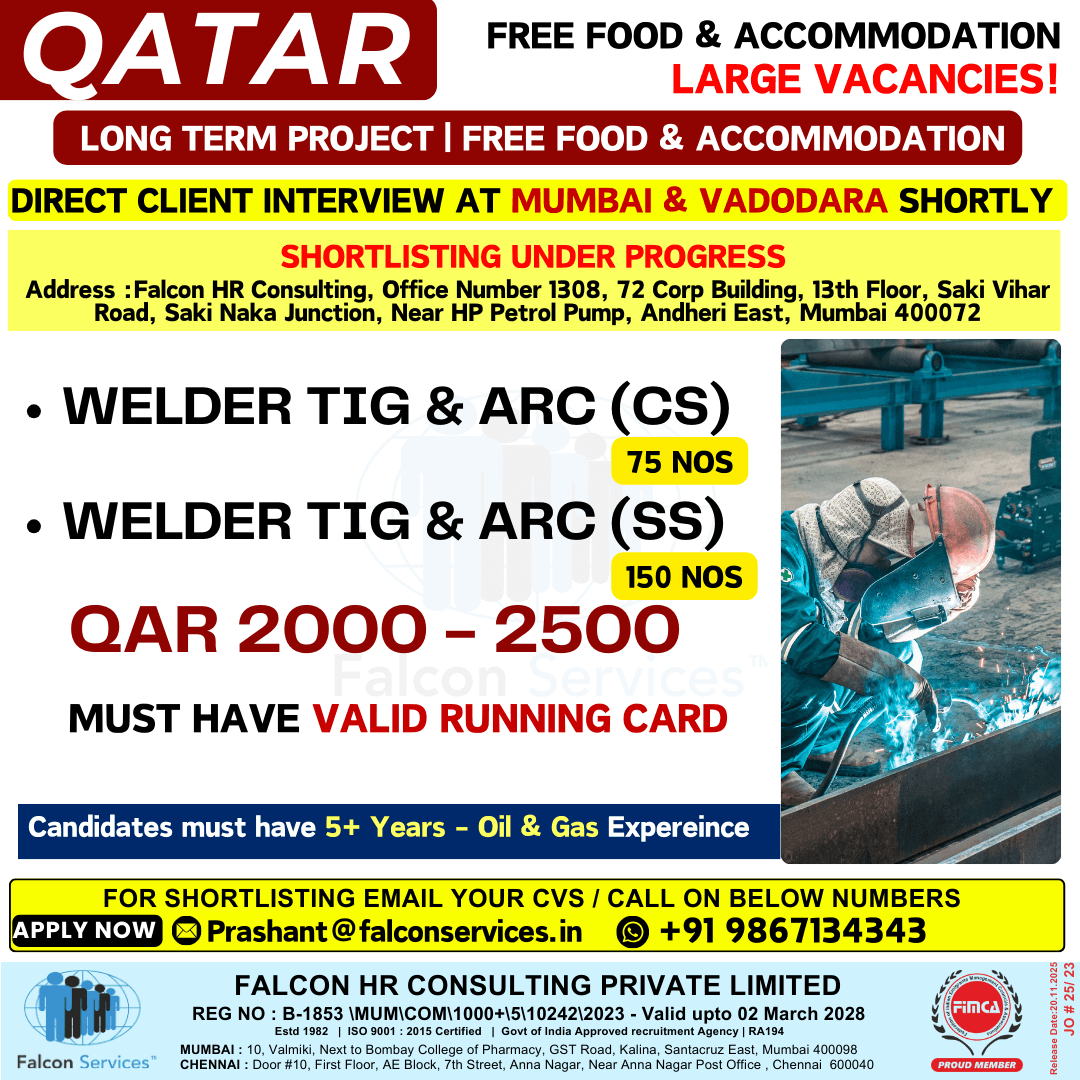 QATAR HIRING | TIG & ARC Welders (CS/SS) | Long-Term Oil & Gas Project | Free Food & Accommodation QATAR HIRING | TIG & ARC Welders (CS/SS) | Long-Term Oil & Gas Project | Free Food & Accommodation