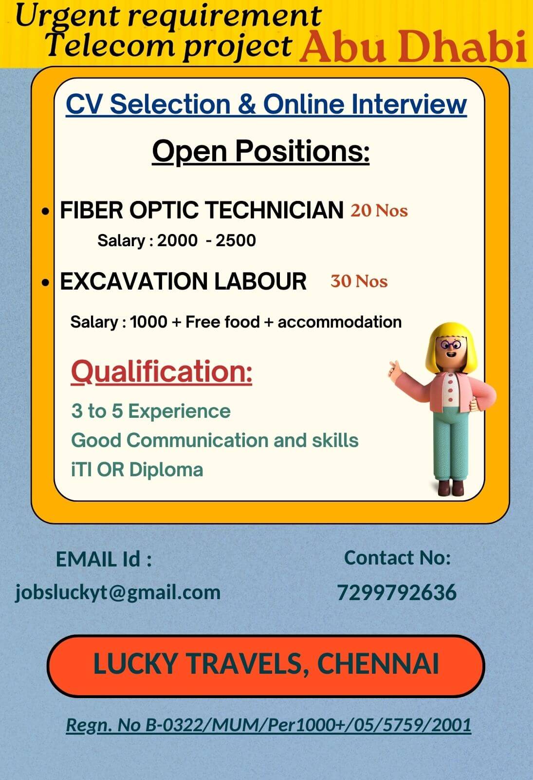 URGENTLY HIRING FOR ABU DHABI TELECOM INDUSTRY (GOVT MAINTENANCE PROJECT) / 7299792636 / jobslucky@gmail.com URGENTLY HIRING FOR ABU DHABI TELECOM INDUSTRY (GOVT MAINTENANCE PROJECT) / 7299792636 / jobslucky@gmail.com