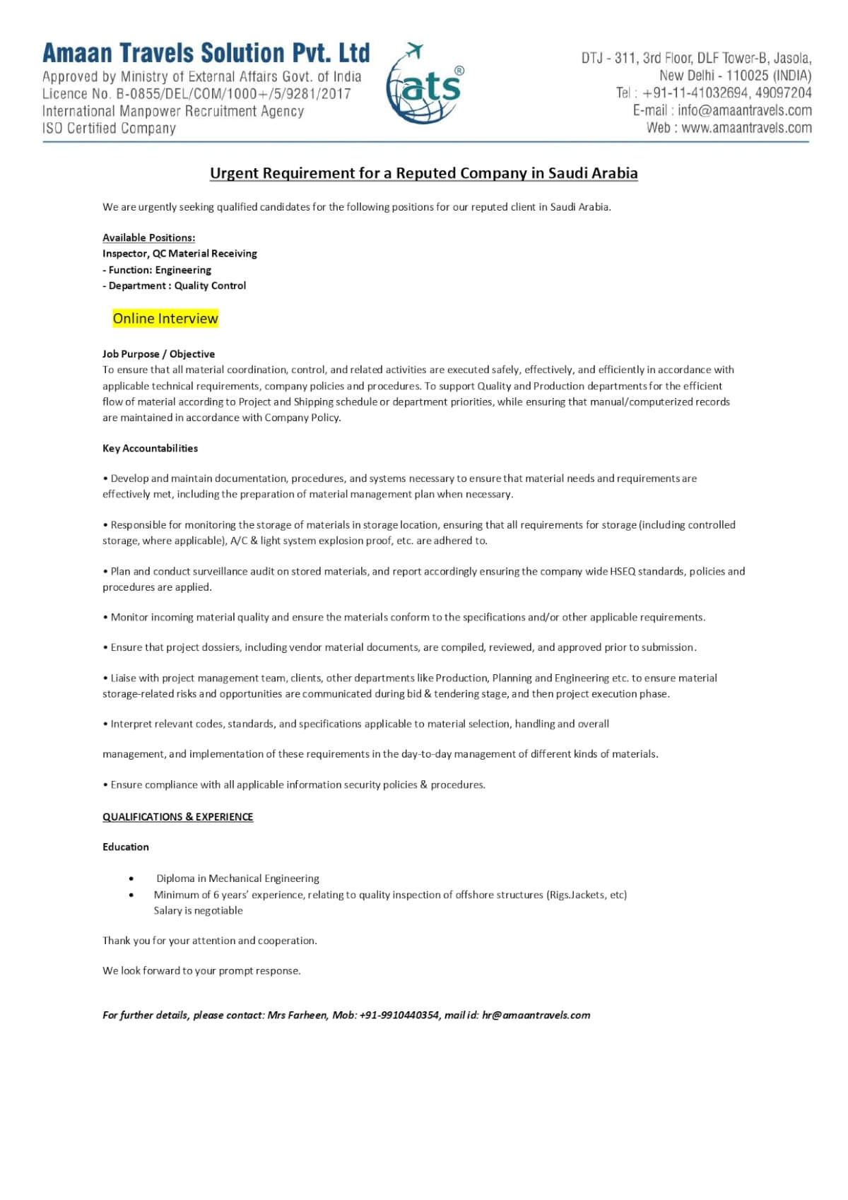 Hiring QC Piping/ QC Material Receiving for a reputed company in Saudi Arabia Hiring QC Piping/ QC Material Receiving for a reputed company in Saudi Arabia