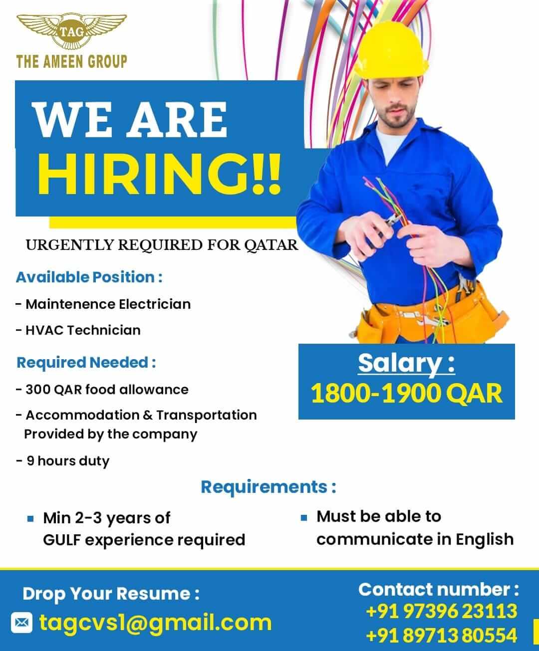 Urgently Required – Maintenance Electricians | HVAC Technicians – Qatar Urgently Required – Maintenance Electricians | HVAC Technicians – Qatar