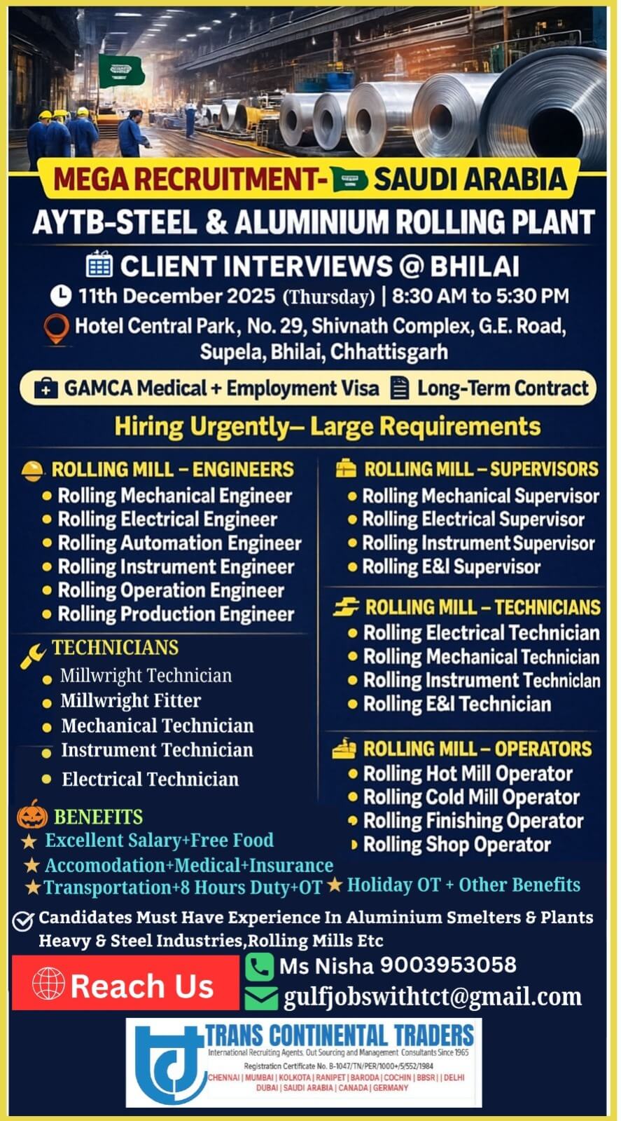 MEGA RECRUITMENT -STEEL & ALUMINIUM PLANT MEGA RECRUITMENT -STEEL & ALUMINIUM PLANT