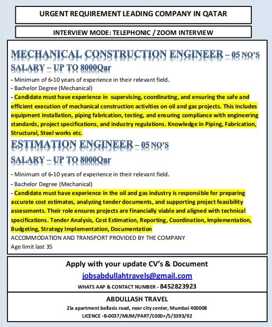 URGENT REQUIREMENT LEADING COMPANY IN QATAR