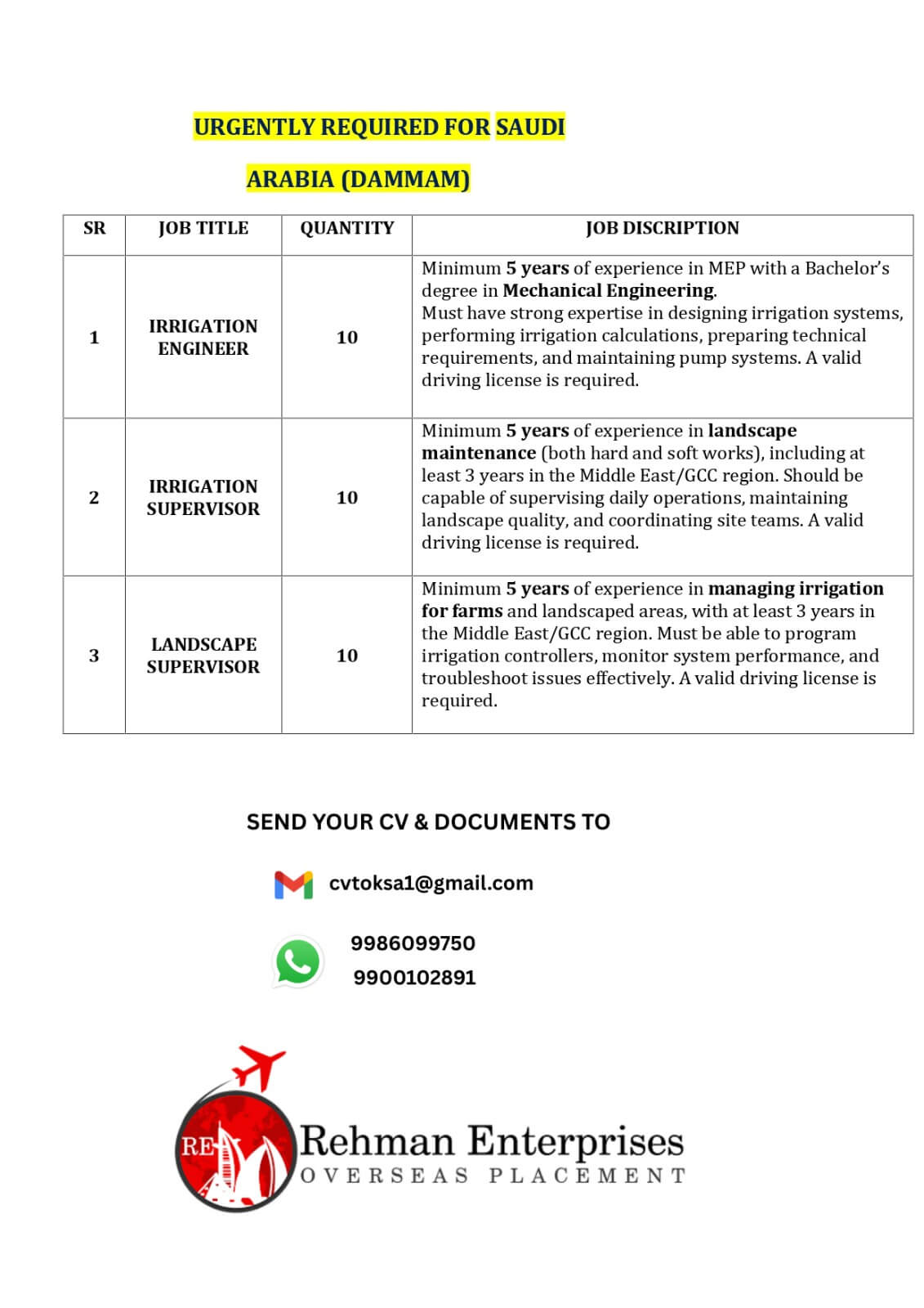 URGENTLY REQUIRED FOR SAUDI ARABIA (DAMMAM) URGENTLY REQUIRED FOR SAUDI ARABIA (DAMMAM)