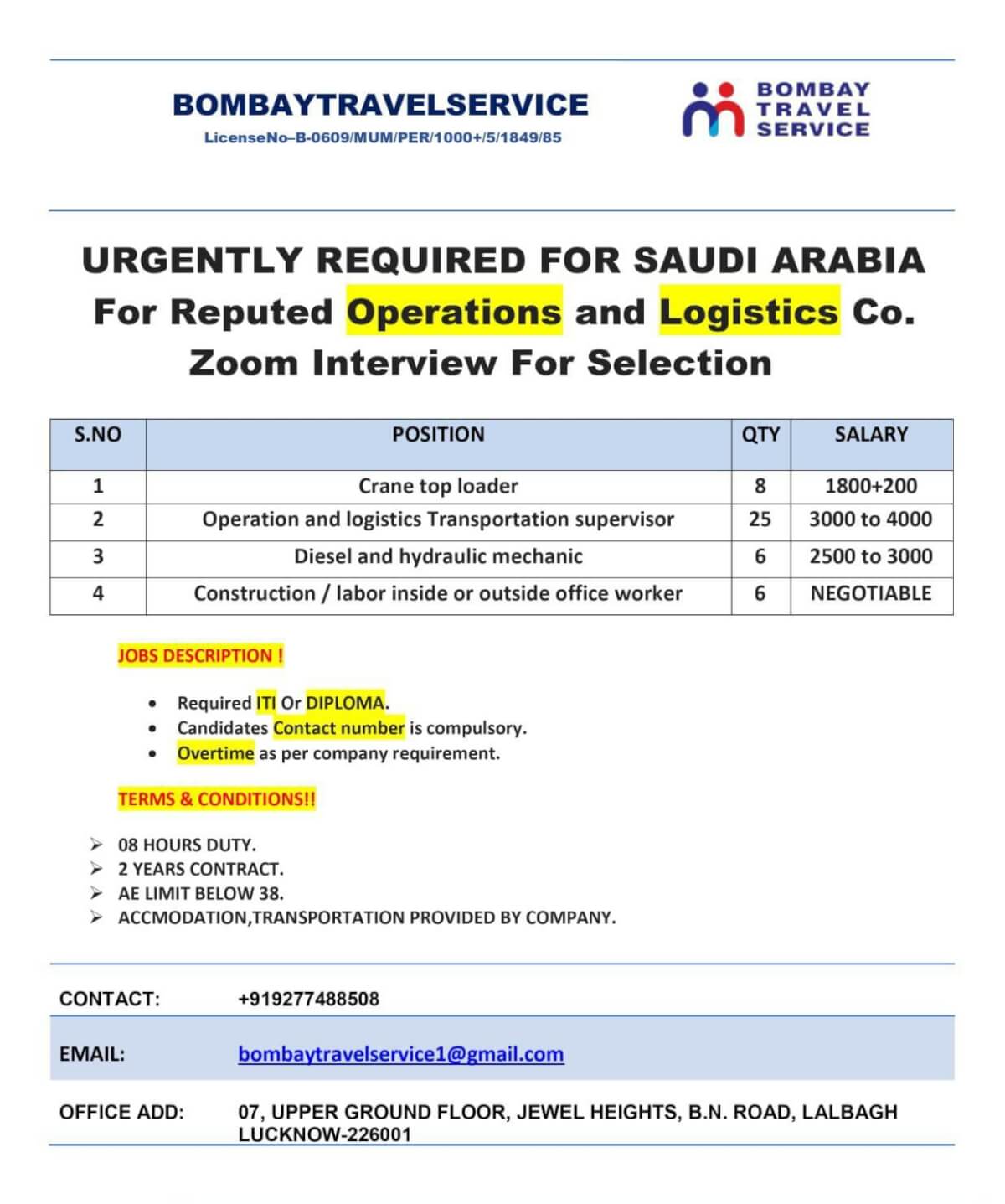 URGENTLY HIRING FOR SAUDI ARABIA URGENTLY HIRING FOR SAUDI ARABIA
