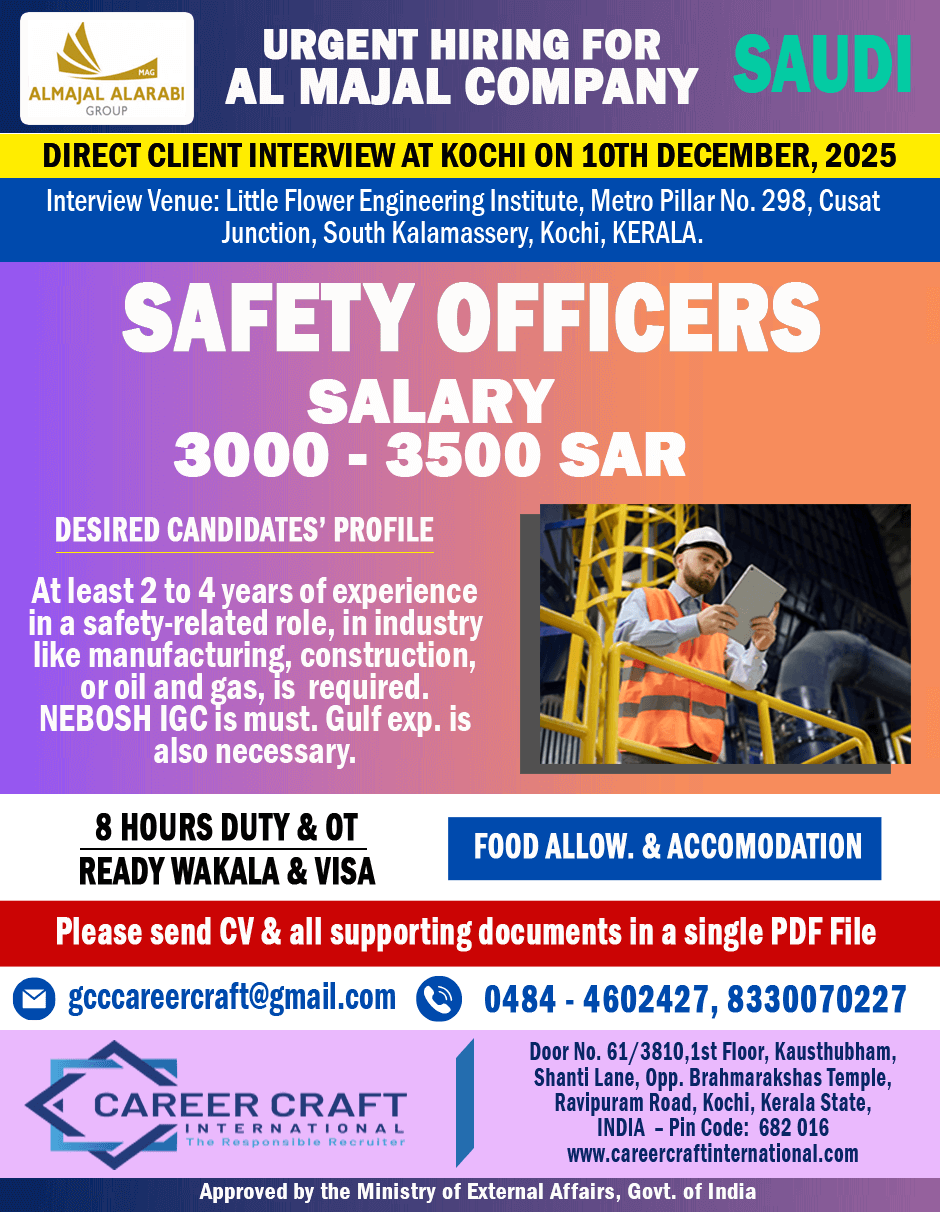 Client Interview at Kochi on 10th December, 2025 for Safety Officers -