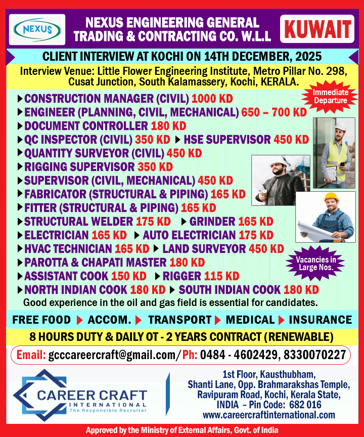 Client Interview at Kochi on 14th December, 2025 for Nexus Group, Kuwait - Client Interview at Kochi on 14th December, 2025 for Nexus Group, Kuwait -