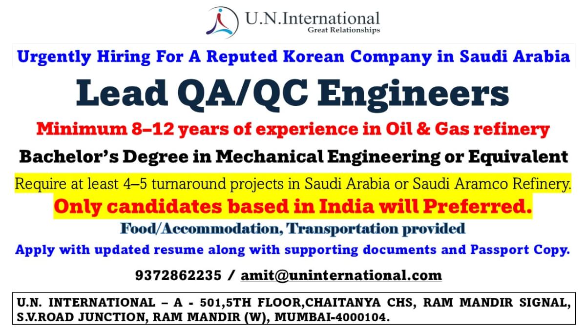 Hiring now QA/QC Engineers for Shutdown Projects in Saudi Arabia Hiring now QA/QC Engineers for Shutdown Projects in Saudi Arabia