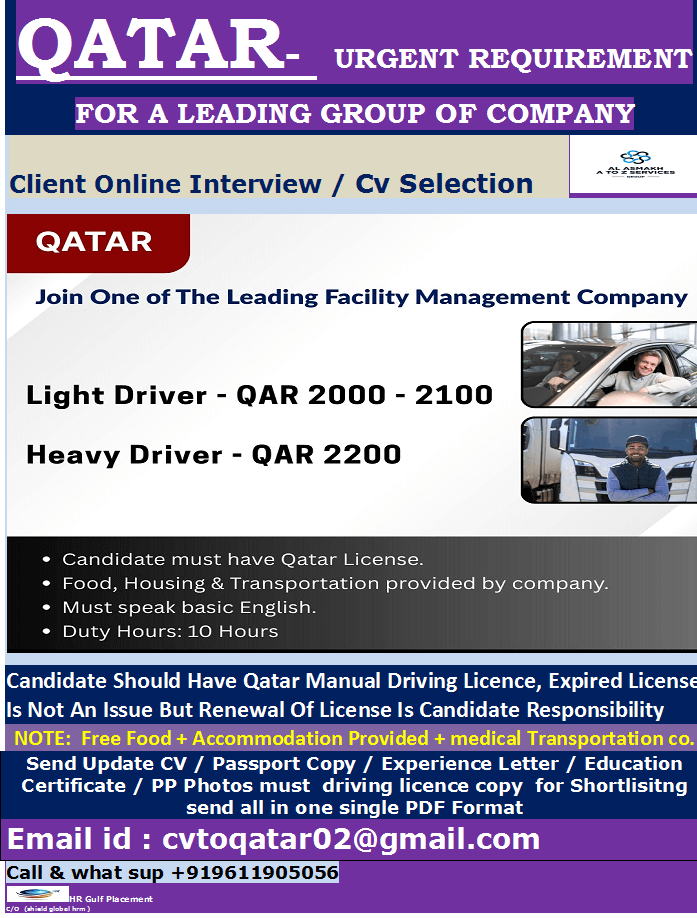 QATAR-  URGENT REQUIREMENT FOR A LEADING GROUP OF COMPANY  Client Online Interview / Cv Selection