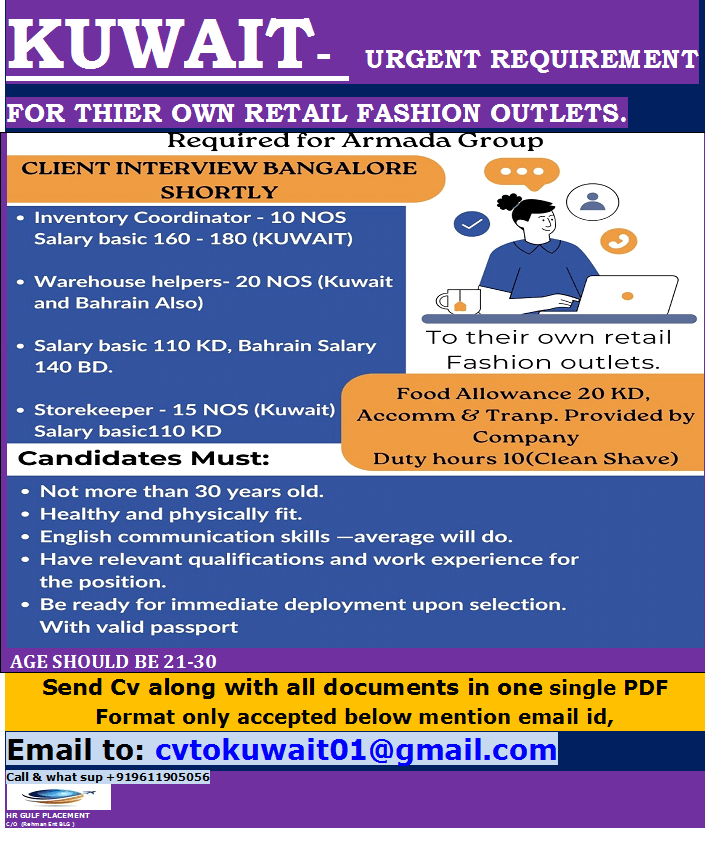 KUWAIT-  URGENT REQUIREMENT FOR THEIR OWN RETAIL FASHION OUTLETS.(ONLINE CLIENT INTERVIEW)