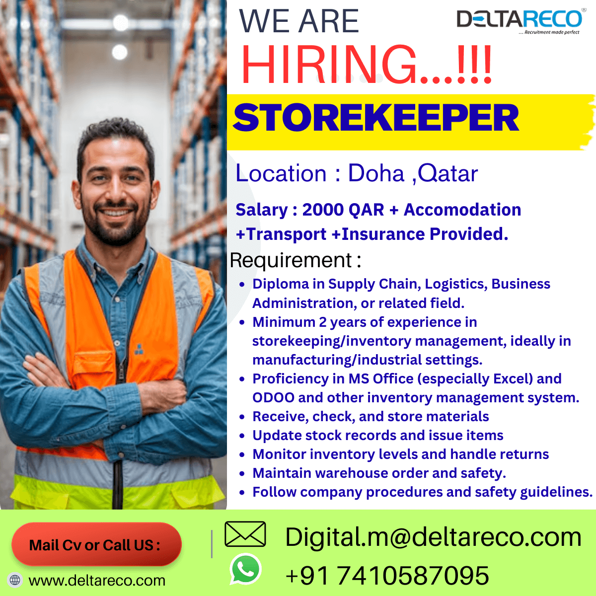 Hiring Storekeeper for Qatar Hiring Storekeeper for Qatar