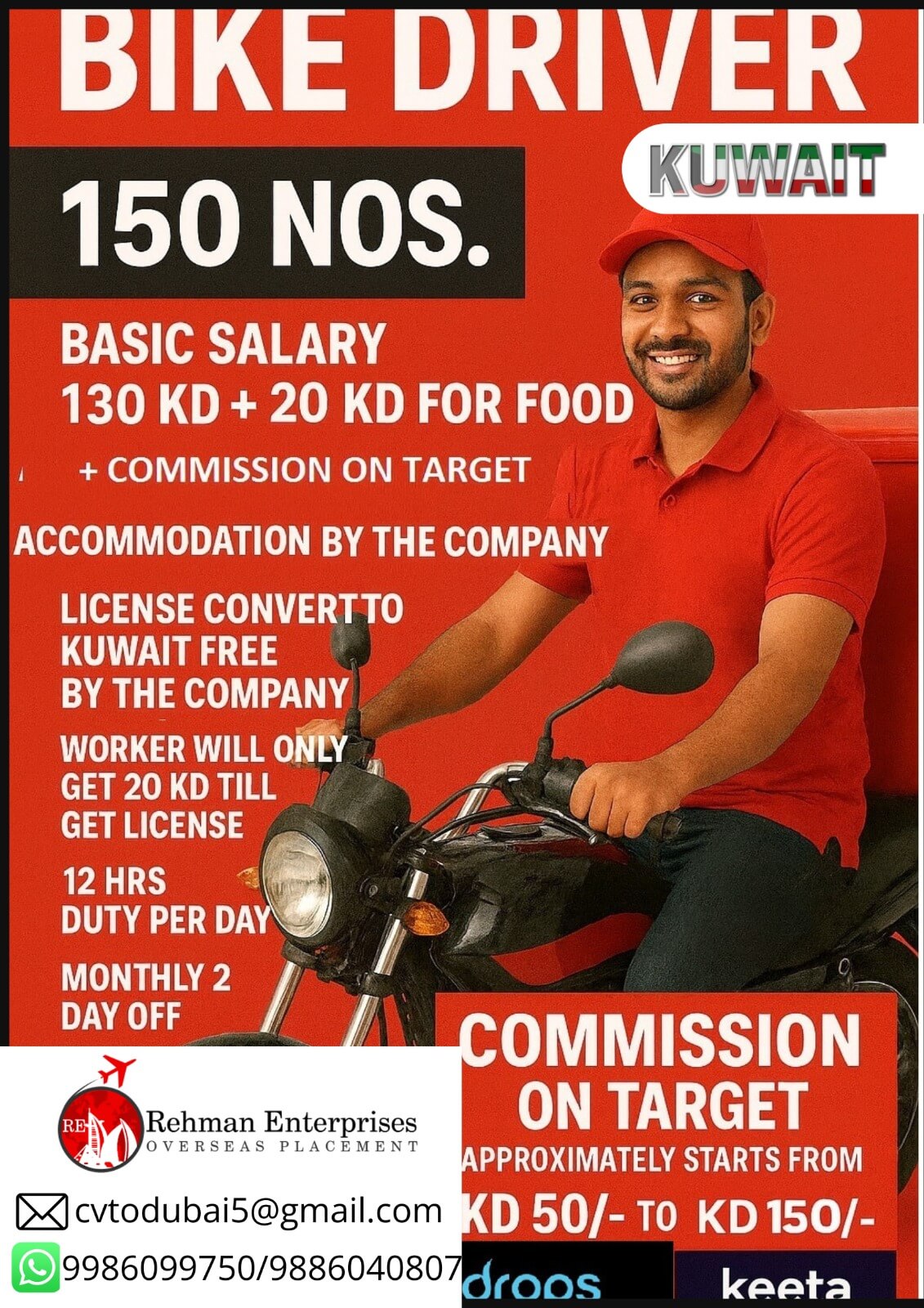 REQUIRED FOR KUWAIT - BIKE DRIVERS - 150 NOS