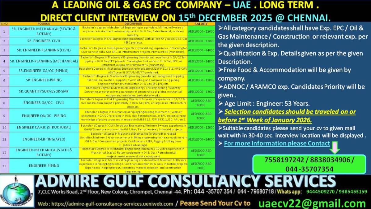a leading oil & gas EPC company - UAE . LONG TERM . DIRECT CLIENT INTERVIEW ON 15th DEC, 2025 @ CHENNAI a leading oil & gas EPC company - UAE . LONG TERM . DIRECT CLIENT INTERVIEW ON 15th DEC, 2025 @ CHENNAI