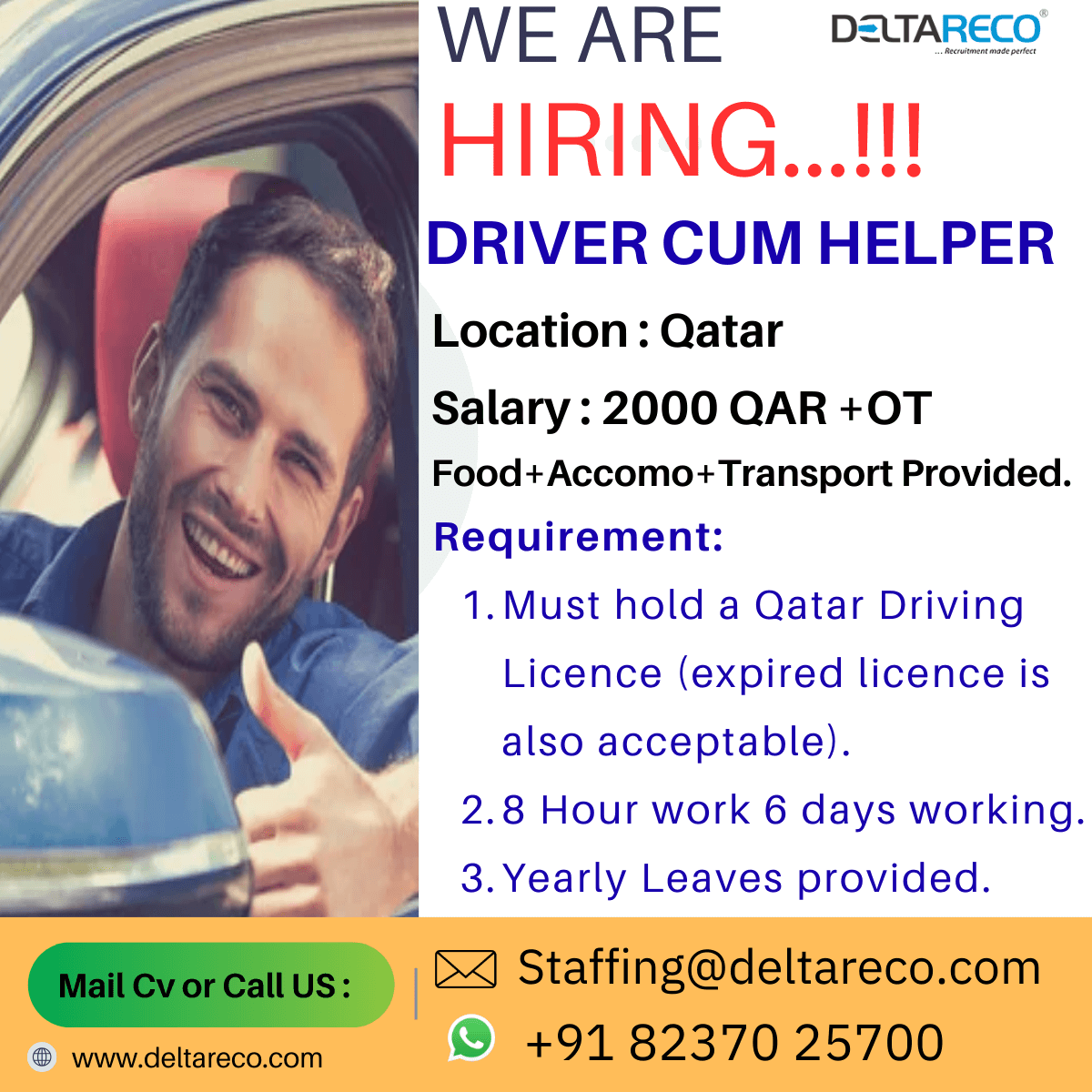 Hiring Driver Cum Helper for Qatar  with 2000 QAR