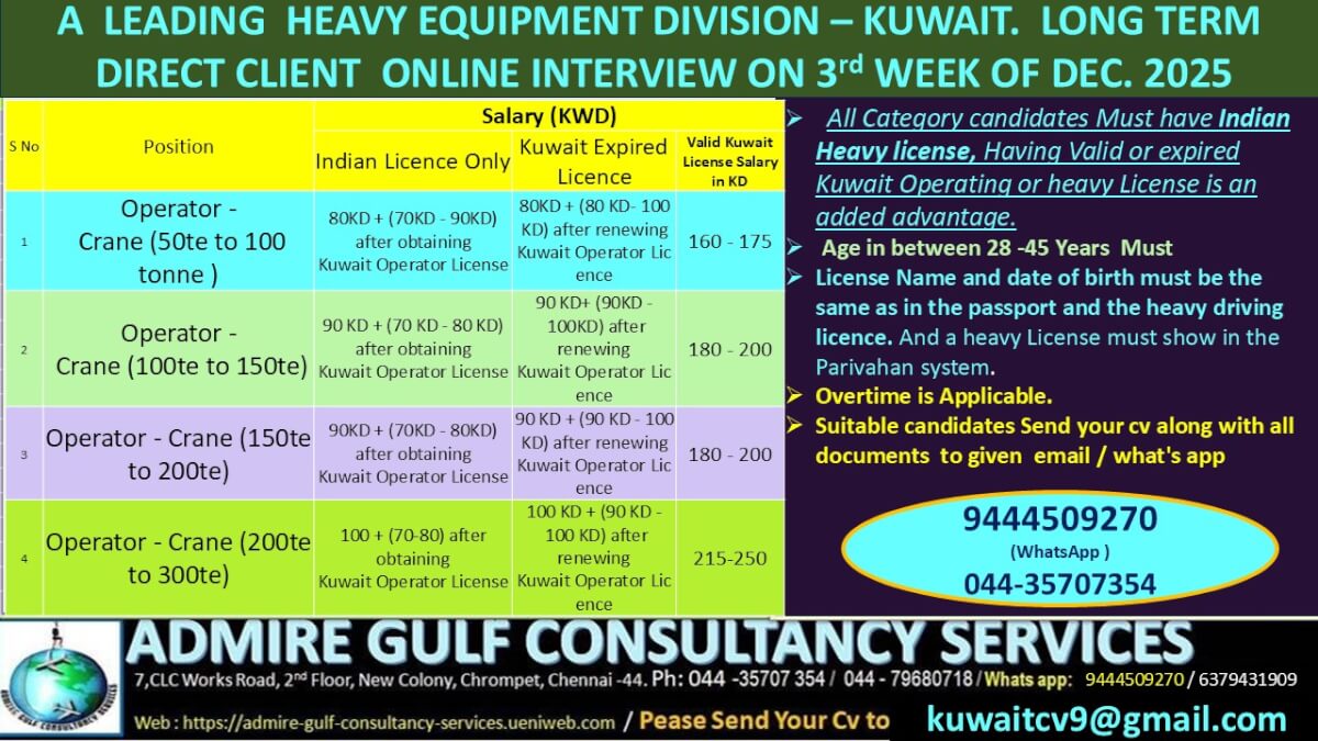 A LEADING HEAVY EQUIPMENT DIVISION -KUWAIT . LONG TERM . DIRECT CLIENT ONLINE INTERVIEW SHORTLY A LEADING HEAVY EQUIPMENT DIVISION -KUWAIT . LONG TERM . DIRECT CLIENT ONLINE INTERVIEW SHORTLY