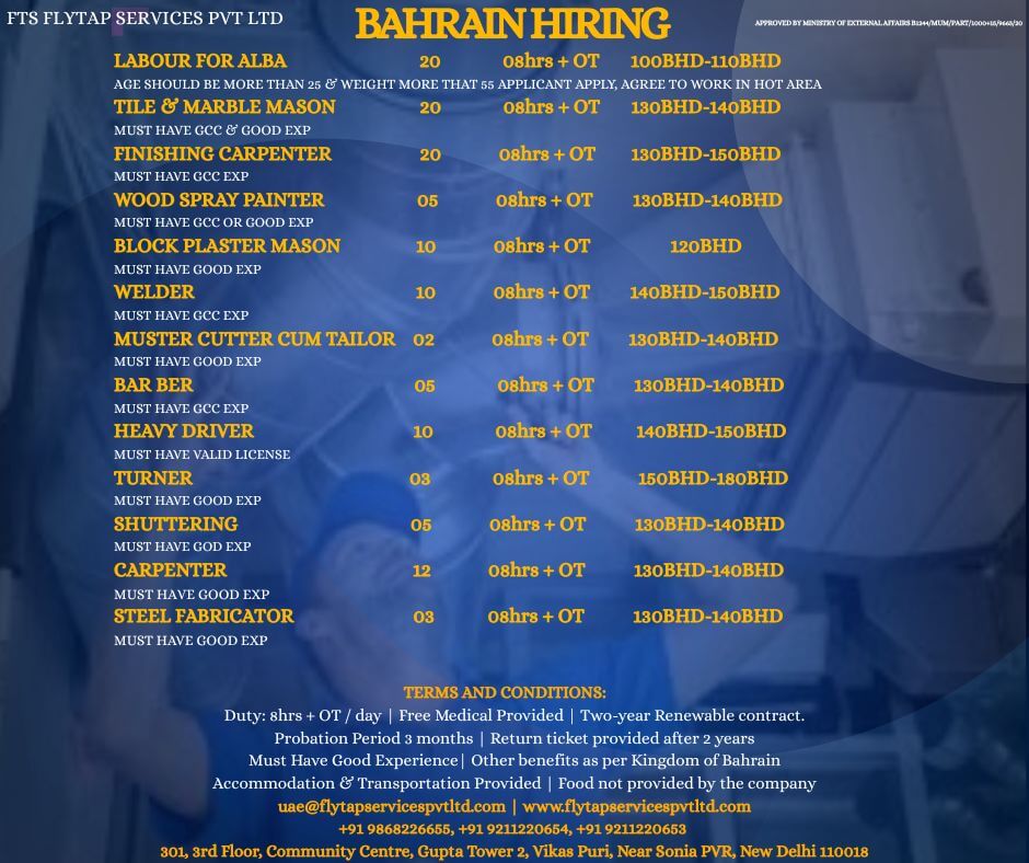 URGENT HIRING FOR BAHRAIN – MULTIPLE POSITIONS (IMMEDIATE REQUIREMENTS) URGENT HIRING FOR BAHRAIN – MULTIPLE POSITIONS (IMMEDIATE REQUIREMENTS)