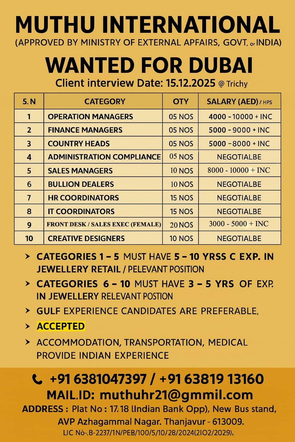 WANTED FOR DUBAI WANTED FOR DUBAI