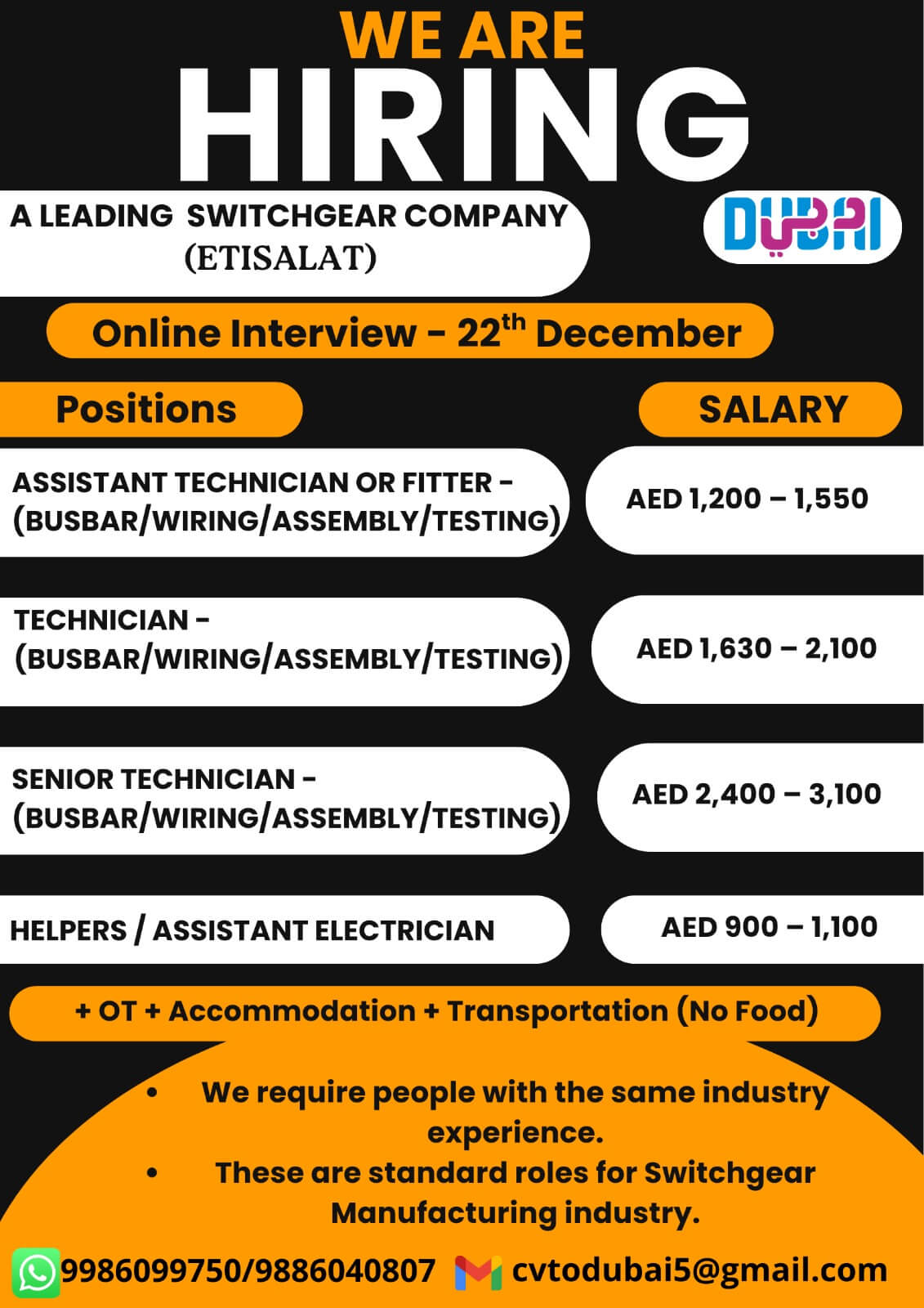 REQUIRED FOR A LEADING SWITCHGEAR COMPANY (ETISALAT) IN DUBAI-ONLINE INTERVIEW - 22/12/2025 REQUIRED FOR A LEADING SWITCHGEAR COMPANY (ETISALAT) IN DUBAI-ONLINE INTERVIEW - 22/12/2025