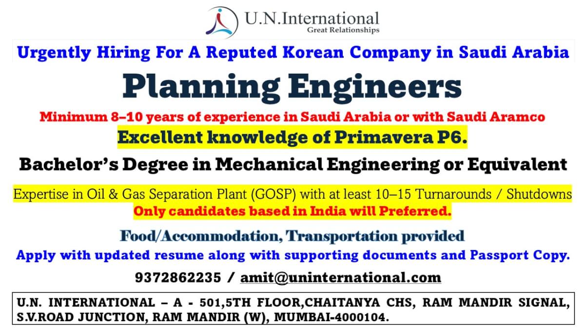Top Urgent Requirement of Planning Engineers - For Saudi Arabia Top Urgent Requirement of Planning Engineers - For Saudi Arabia