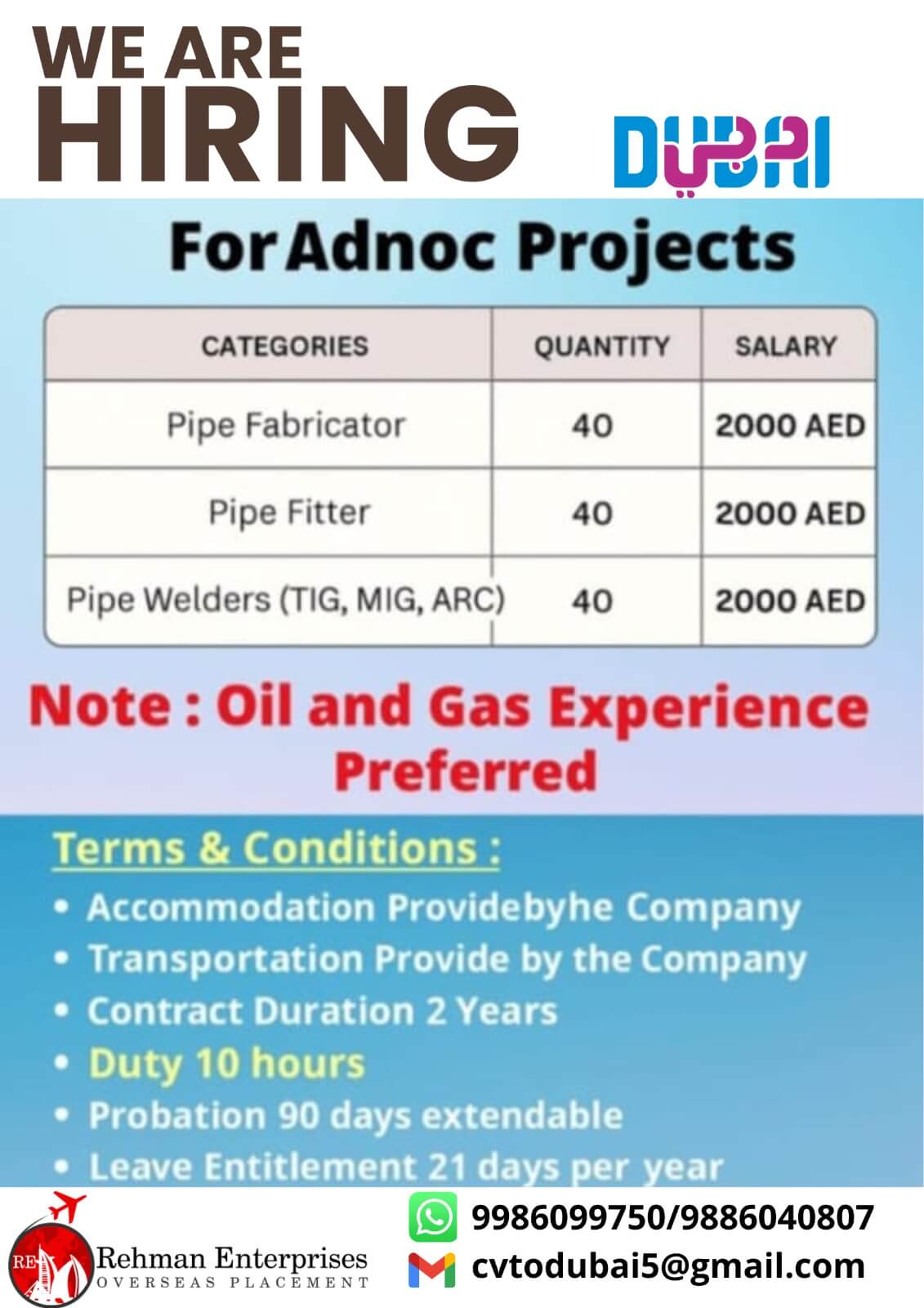 HIRING FOR ADNOC PROJECT-DUBAI