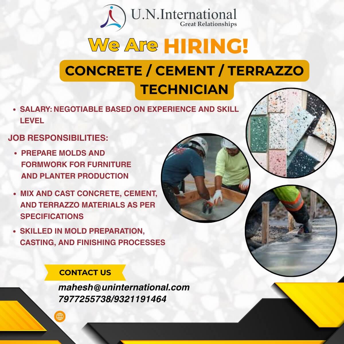 ? We Are Hiring – Saudi Arabia ?? We are looking for experienced Concrete / Cement / Terrazzo Technicians for a reputed marble company in Saudi Arabia. Candidates with hands-on experience in terrazzo finishing, concrete works, and cement applications are ? We Are Hiring – Saudi Arabia ?? We are looking for experienced Concrete / Cement / Terrazzo Technicians for a reputed marble company in Saudi Arabia. Candidates with hands-on experience in terrazzo finishing, concrete works, and cement applications are