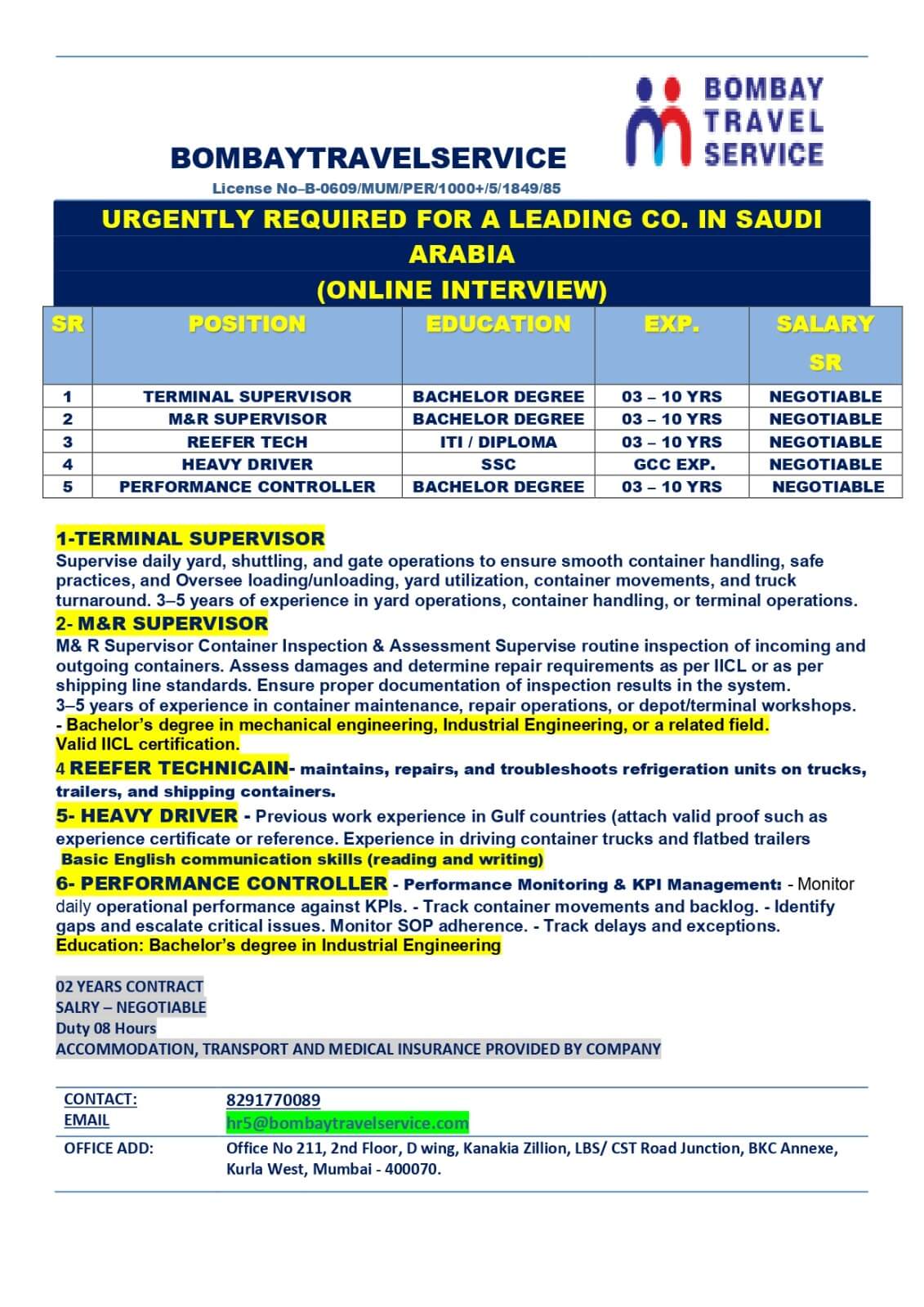 URGENTLY HIRNG FOR SAUDI ARABIA