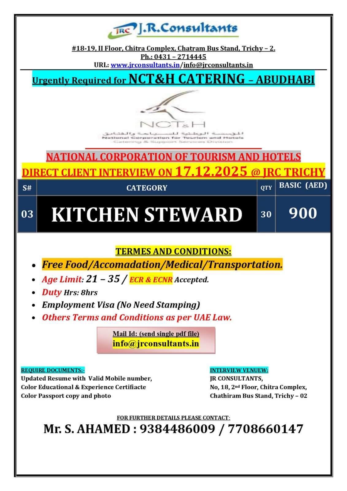 URGENTLY REQUIRED FOR A LEADING NCT & H CATERING COMPANY IN ABU DHABI DIRECT CLIENT INTERVIEW ON 17.12.2025 @ JRC TRICHY URGENTLY REQUIRED FOR A LEADING NCT & H CATERING COMPANY IN ABU DHABI DIRECT CLIENT INTERVIEW ON 17.12.2025 @ JRC TRICHY