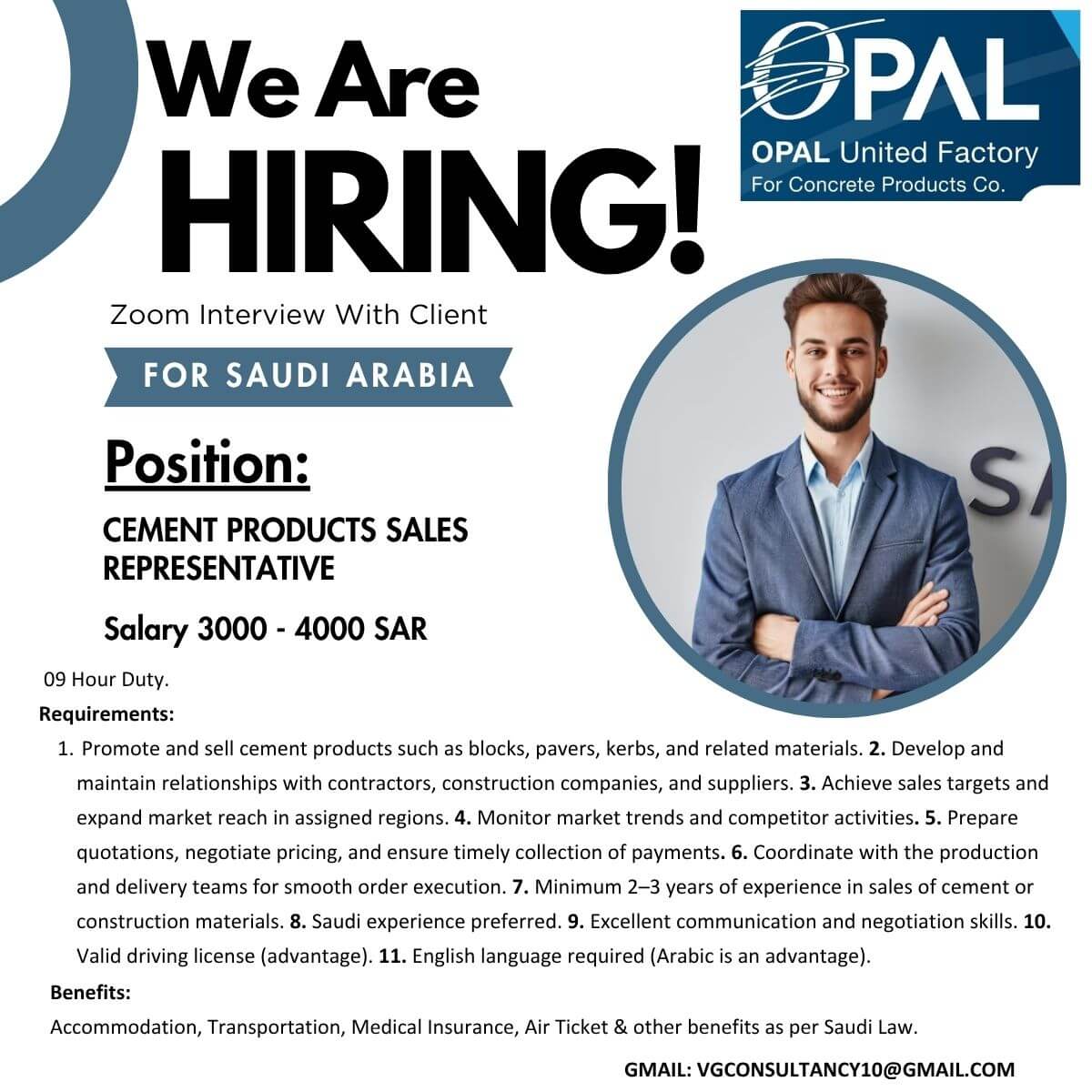 urgent requirement for saudi Arabia cement Products Sales Representative