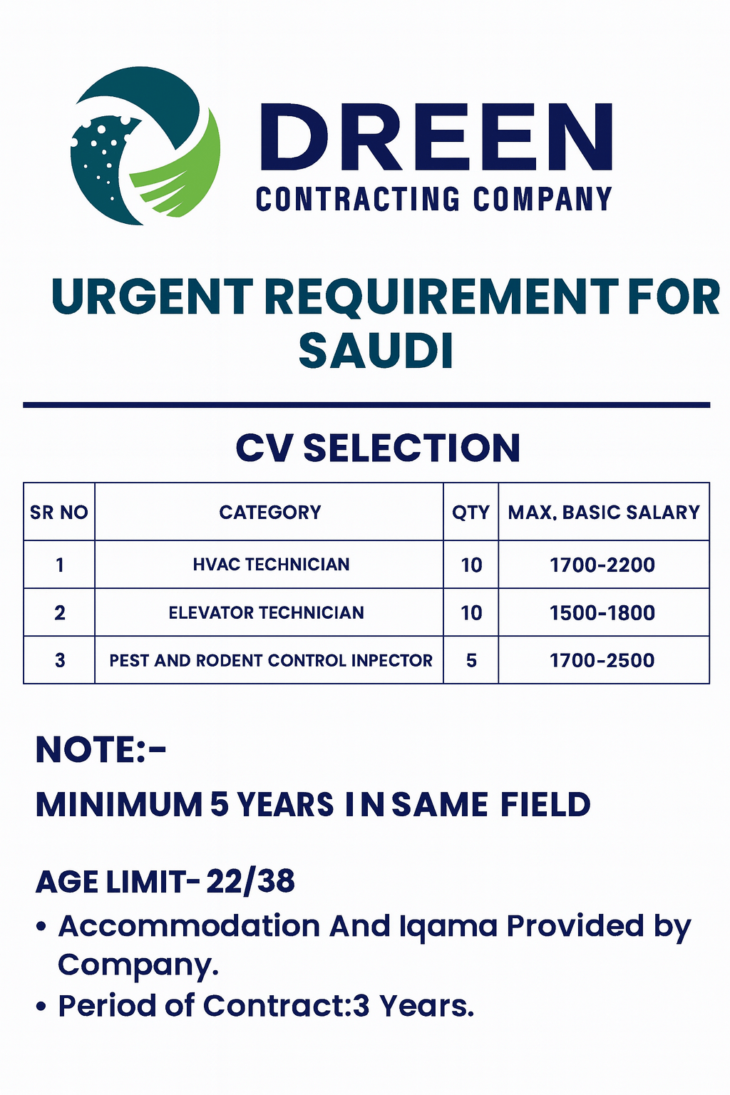 URGENT REQUIREMENT FOR SAUDI ARABIA - DREEN CONTRACTING COMPANY