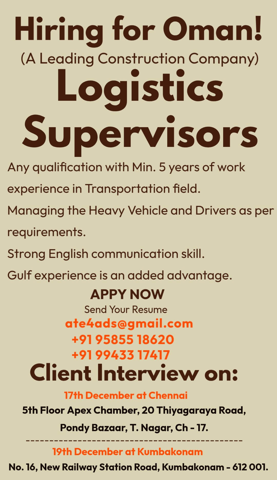 Client Interview on 17th & 19th December at Chennai & Kumbakonam Client Interview on 17th & 19th December at Chennai & Kumbakonam