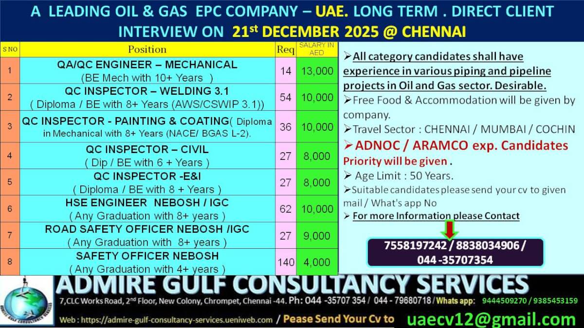 A LEADING OILO & GAS COMPANY -UAE . LONG TERM . DIRECT CLIENT INTERVIEW ON 21st DECEMBER 2025 @ CHENNAI A LEADING OILO & GAS COMPANY -UAE . LONG TERM . DIRECT CLIENT INTERVIEW ON 21st DECEMBER 2025 @ CHENNAI