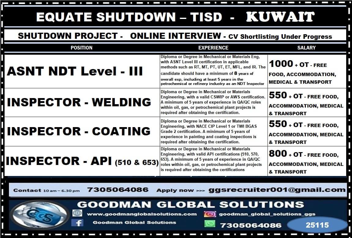 EQUATE SHUTDOWN – TISD - KUWAIT SHUTDOWN PROJECT - ONLINE INTERVIEW - CV Shortlisting Under Progress EQUATE SHUTDOWN – TISD - KUWAIT SHUTDOWN PROJECT - ONLINE INTERVIEW - CV Shortlisting Under Progress