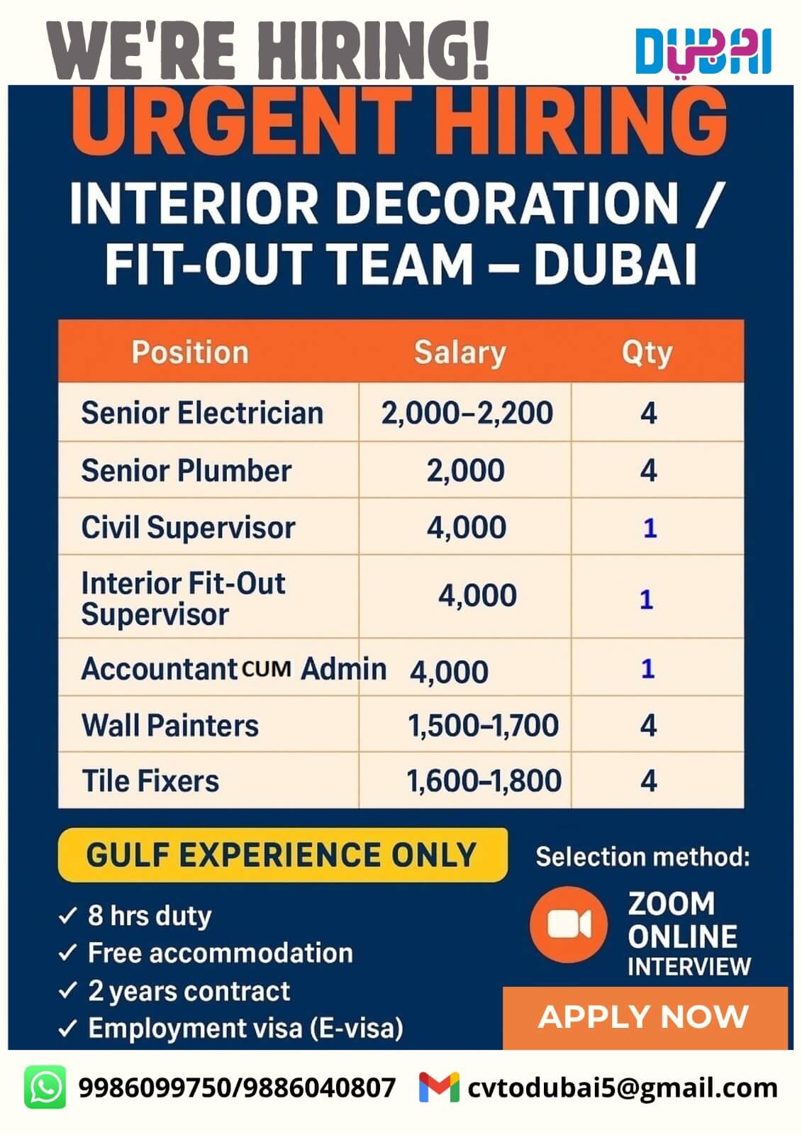 URGENT HIRING FOR INTERIOR DECORATION/FIT-OUT TEAM-DUBAI