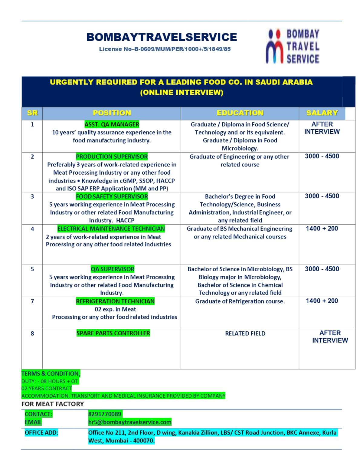 URGENTLY HIRING FOOD CO. SAUDI ARABIA URGENTLY HIRING FOOD CO. SAUDI ARABIA