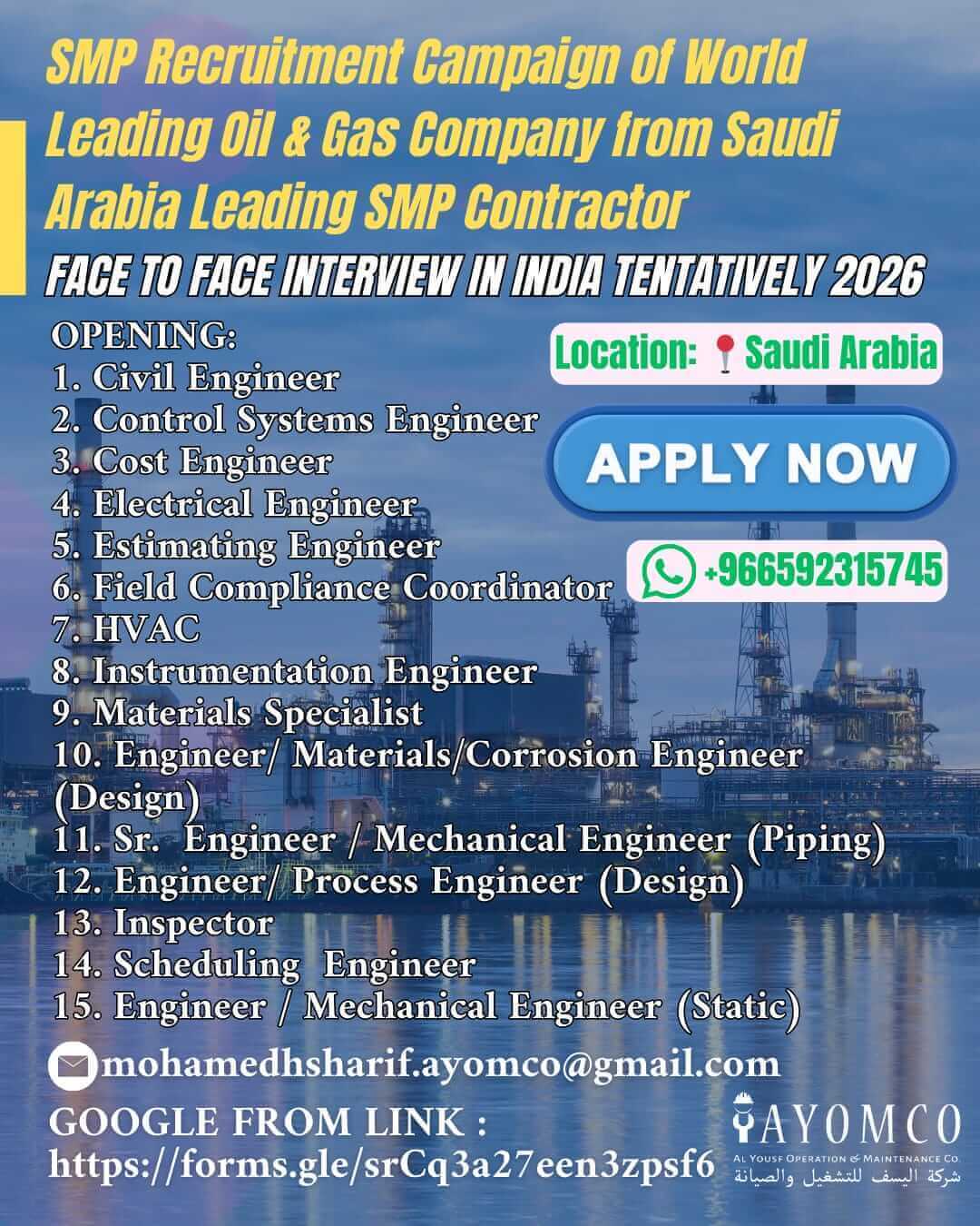 saudi Arabia Leading SMP Contractor Face to Face Interview in hashtag#INDIA tentatively 2026