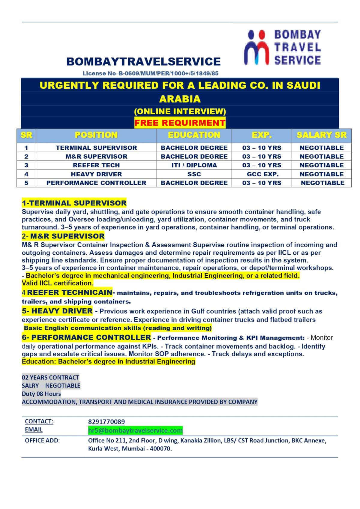 URGENTLY HIRING FOR LEADING CO SAUDI ARABIA URGENTLY HIRING FOR LEADING CO SAUDI ARABIA