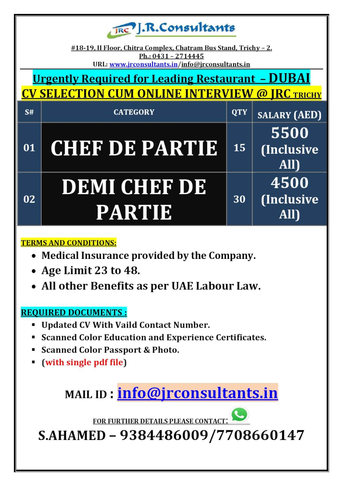 URGENTLY REQUIRED FOR A LEADING RESTAURANT IN DUBAI CV SELECTION CUM ONLINE INTERVIEW @ JRC TRICHY