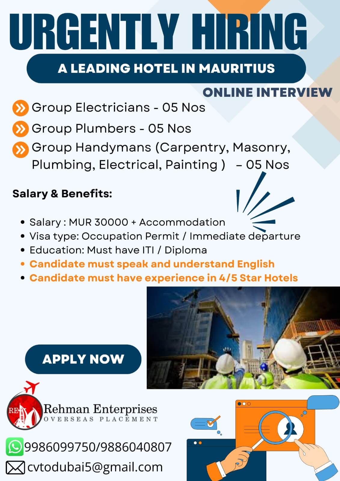 URGENTLY HIRING FOR A LEADING HOTEL IN MAURITIUS