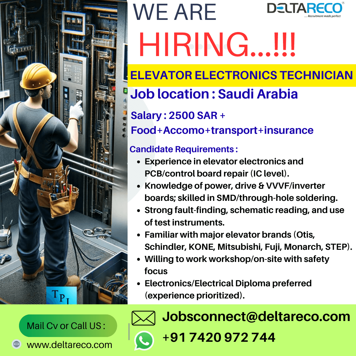 Hiring Elevator Electrical Technician for Saudi Arabia Hiring Elevator Electrical Technician for Saudi Arabia