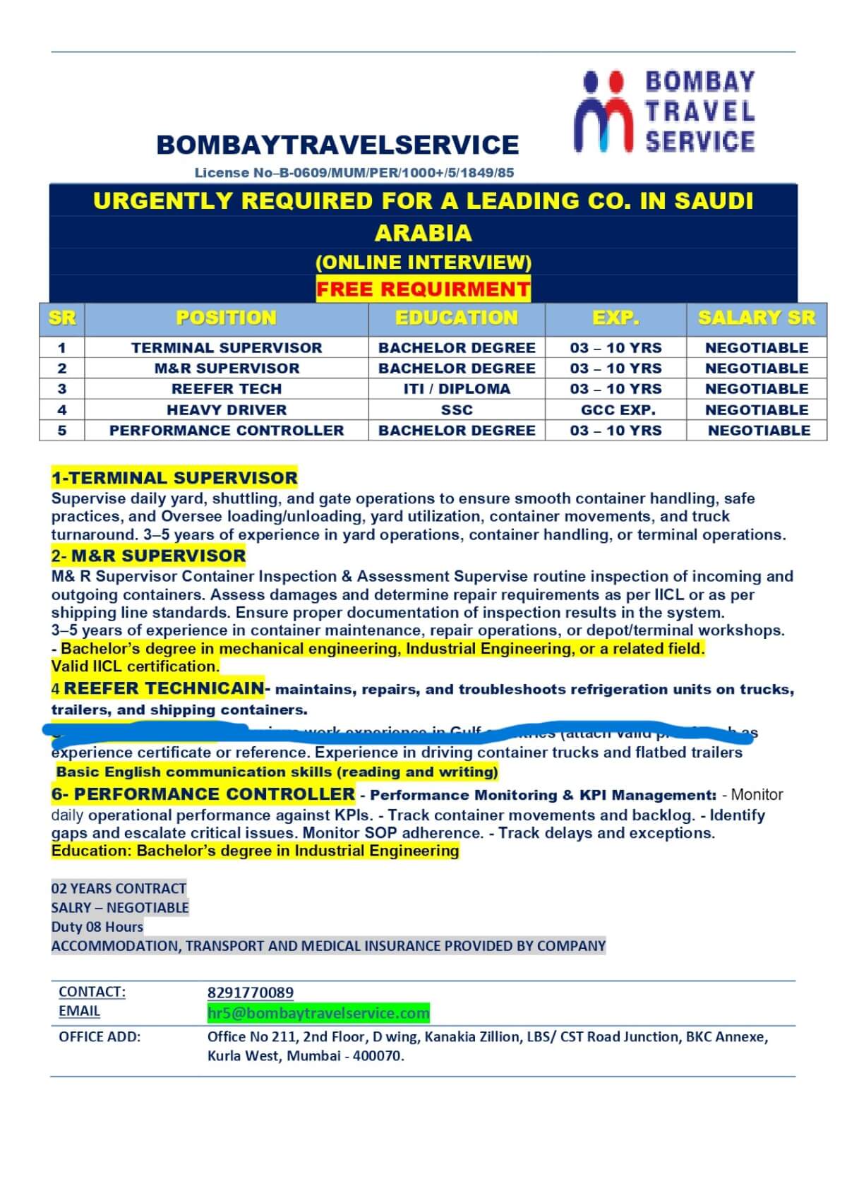 URGENTLY HIRING LEADING CO. SAUDI ARABIA