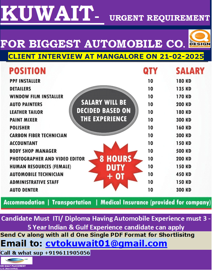 KUWAIT-  URGENT REQUIREMENT FOR BIGGEST AUTOMOBILE CO.  CLIENT INTERVIEW AT MANGALORE ON 21-02-2025
