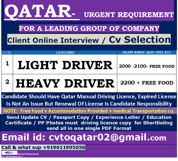 QATAR-  URGENT REQUIREMENT FOR A LEADING GROUP OF COMPANY  ( LIGHT DRIVER / HEAVY DRIVERS ) Client Online Interview / Cv Selection