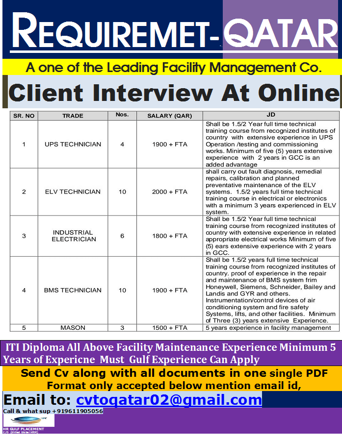 REQUIREMET-- -       QATAR  A one of the Leading Facility Management Co.   Client Interview At Online