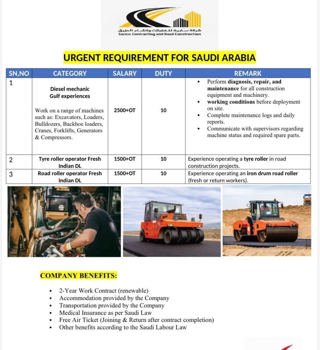 URGENT REQUIREMENT FOR SAUDI ARABIA