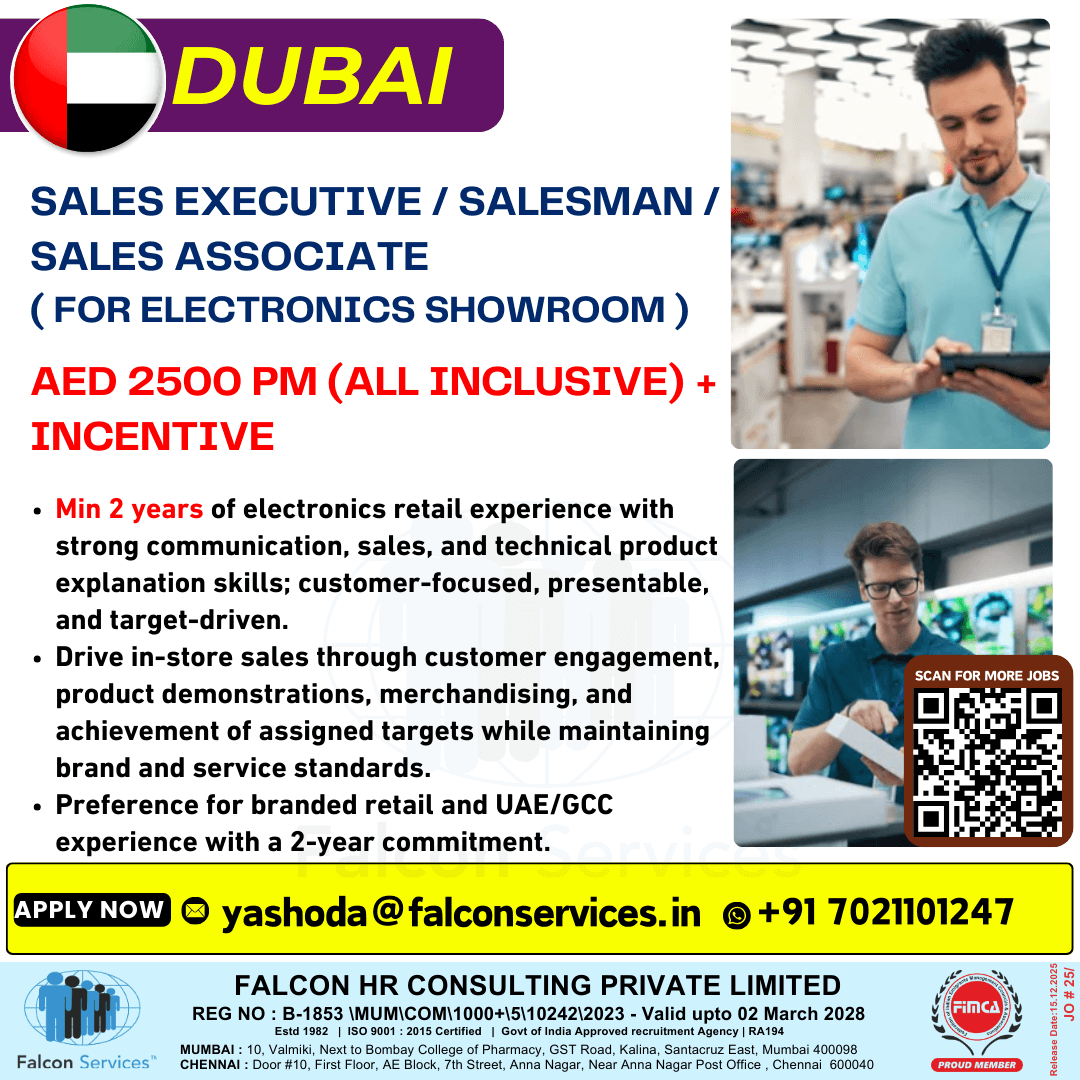 DUBAI HIRING | Electronics Showroom ,Position: Sales Executive / Salesman / Sales Associate