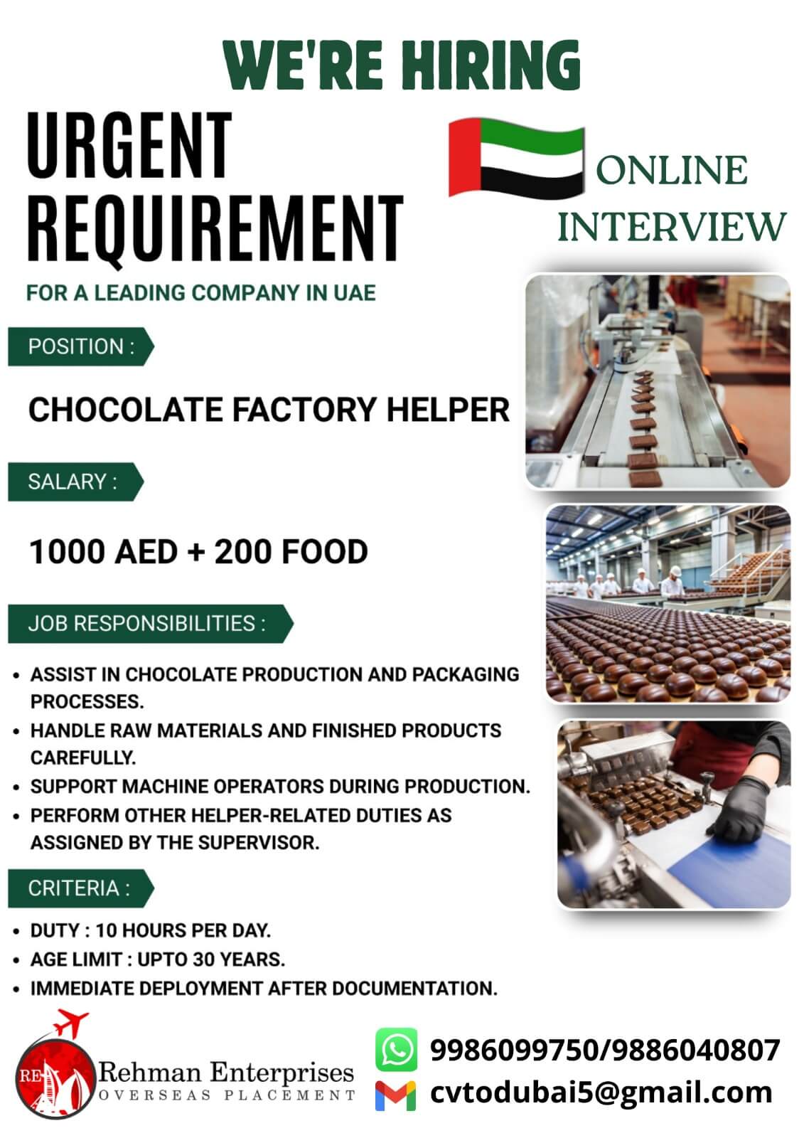 URGENT REQUIREMENT FOR A LEADING COMPANY IN UAE - CHOCOLATE FACTORY HELPER