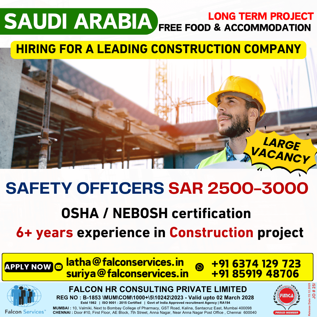 ?? SAUDI ARABIA – LONG-TERM HIRING! ? Safety Officer ? SAR 2500–3000 | ?? Free Food & ? Stay ?? SAUDI ARABIA – LONG-TERM HIRING! ? Safety Officer ? SAR 2500–3000 | ?? Free Food & ? Stay