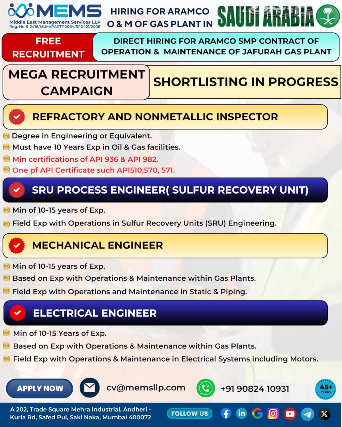 Hiring for Mega ARAMCO SMP Contract for world’s largest Oil & Gas company. Hiring for Mega ARAMCO SMP Contract for world’s largest Oil & Gas company.