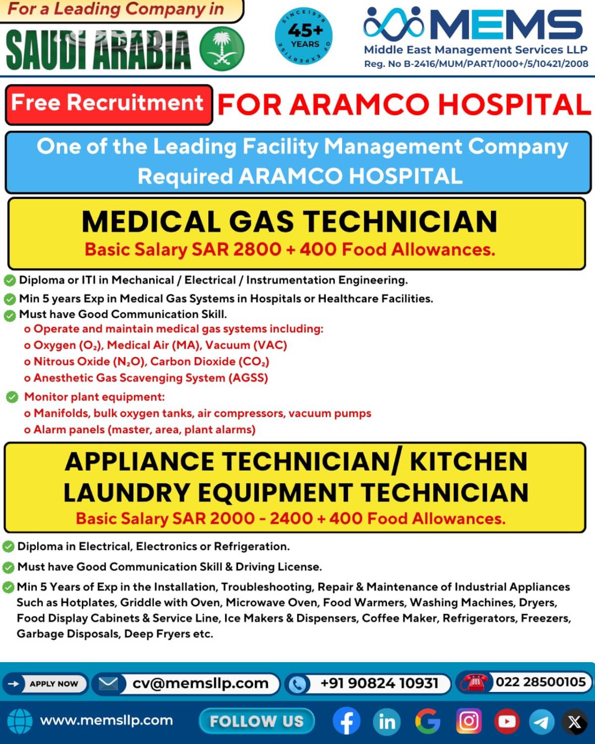 Hiring for ARAMCO HOSPITAL through a leading Facility Management company Hiring for ARAMCO HOSPITAL through a leading Facility Management company