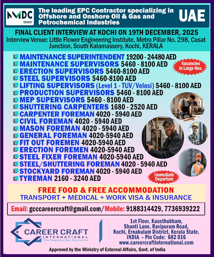 NMDC, ABU DHABI CONDUCTA A DIRECT CLIENT INTERVIEW AT KOCHI ON 19TH DECEMBER, 2025 FOR THEIR INFRA DEPARTMENT - NMDC, ABU DHABI CONDUCTA A DIRECT CLIENT INTERVIEW AT KOCHI ON 19TH DECEMBER, 2025 FOR THEIR INFRA DEPARTMENT -