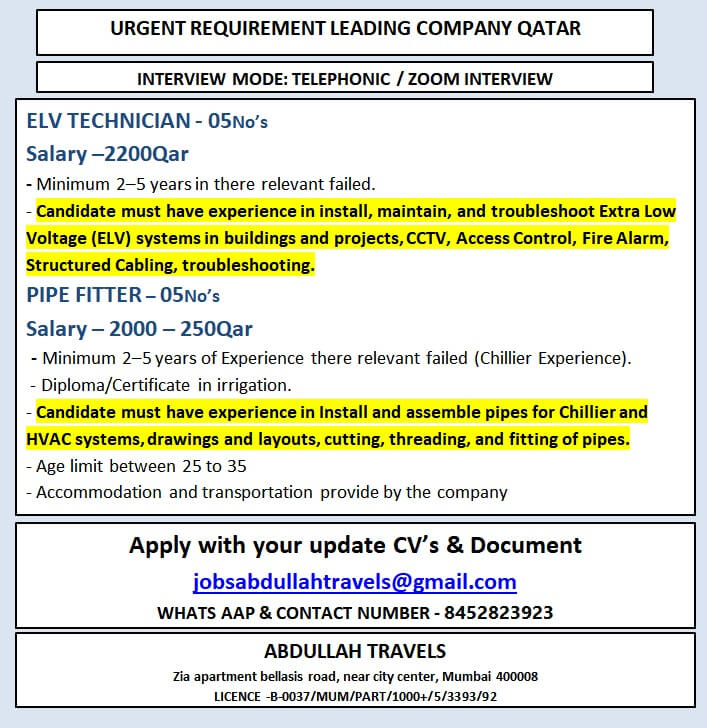 URGENT REQUIREMENT LEADING COMPANY QATAR
